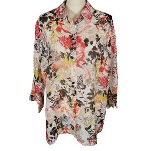 Alfred Dunner Semi Sheer 3/4 Sleeve Floral Button Up Blouse, Multicolor, 16W